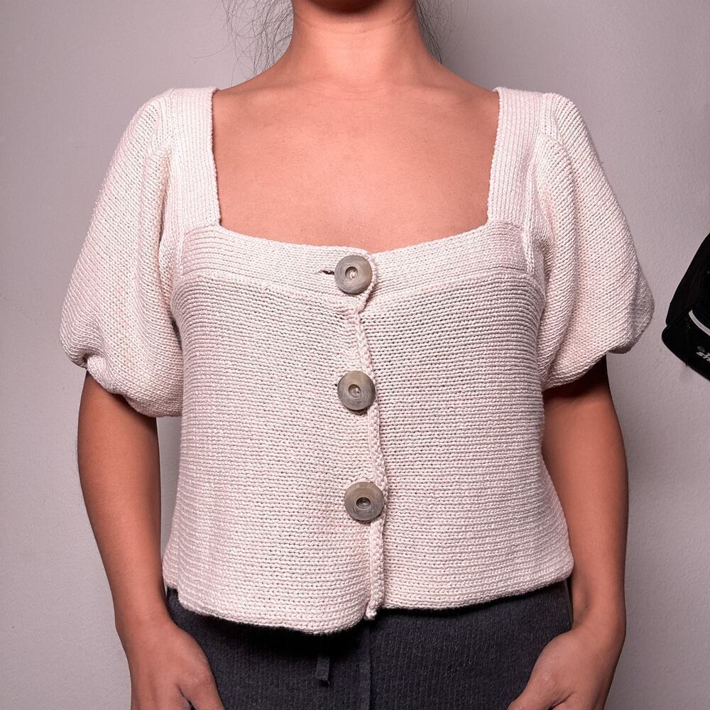 Free People Puff Sleeve Knit Button Front Sweater Cardigan Cream Babydoll